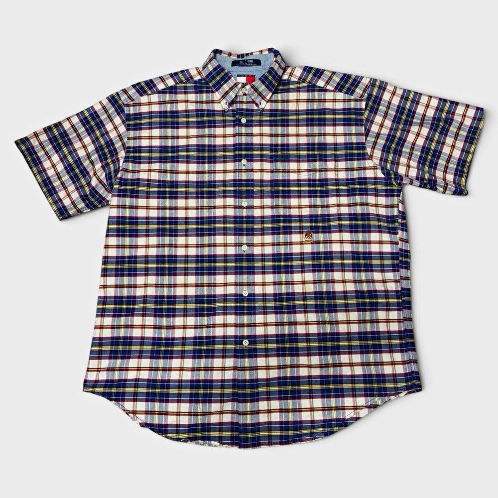 Vintage 90s Tommy Hilfiger Plaid Shirt Men L Cotton Embroidered Button-Down
